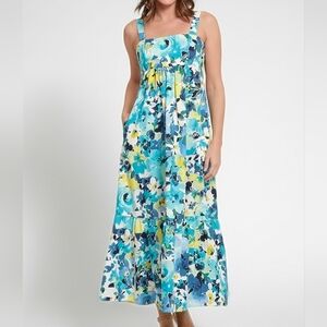 London Times Roya Maxi Dress 6P Floral Square Neck Cotton
